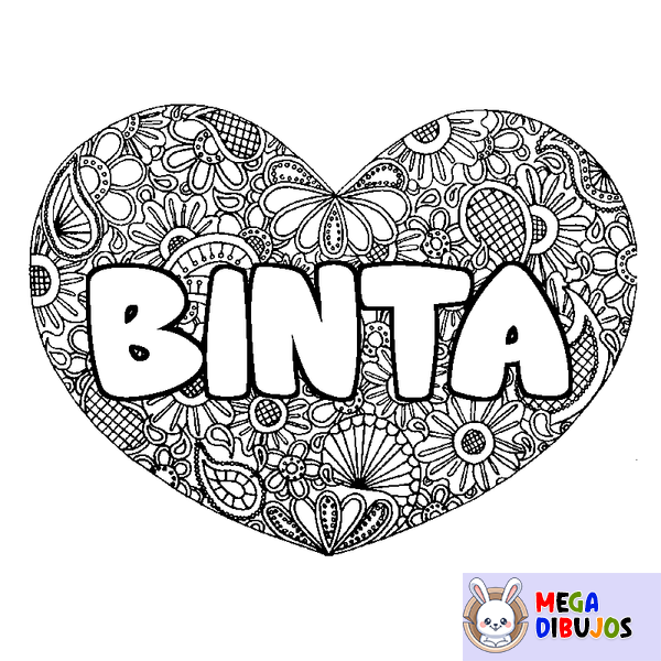 Coloraci&oacute;n del nombre BINTA - decorado mandala de coraz&oacute;n