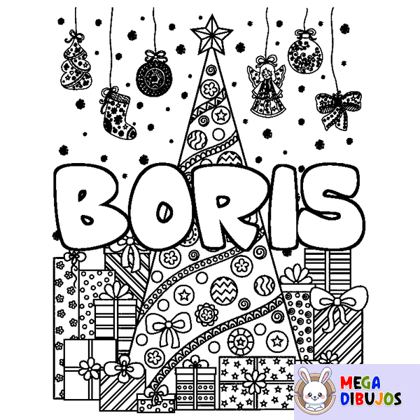 Coloraci&oacute;n del nombre BORIS - decorado &aacute;rbol de Navidad y regalos