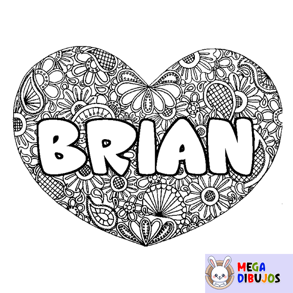 Coloraci&oacute;n del nombre BRIAN - decorado mandala de coraz&oacute;n