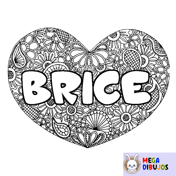 Coloraci&oacute;n del nombre BRICE - decorado mandala de coraz&oacute;n