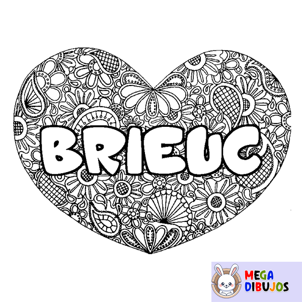 Coloraci&oacute;n del nombre BRIEUC - decorado mandala de coraz&oacute;n