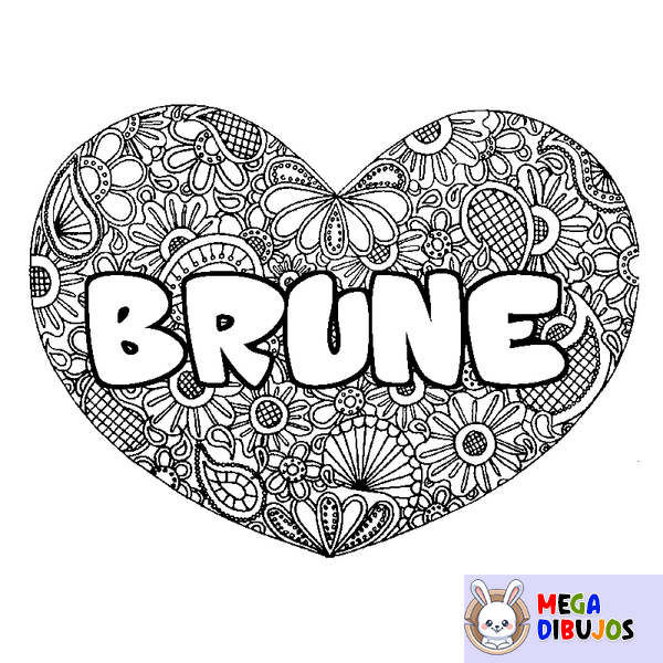 Coloraci&oacute;n del nombre BRUNE - decorado mandala de coraz&oacute;n