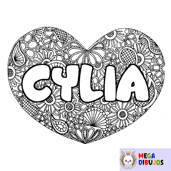 Coloraci&oacute;n del nombre CYLIA - decorado mandala de coraz&oacute;n