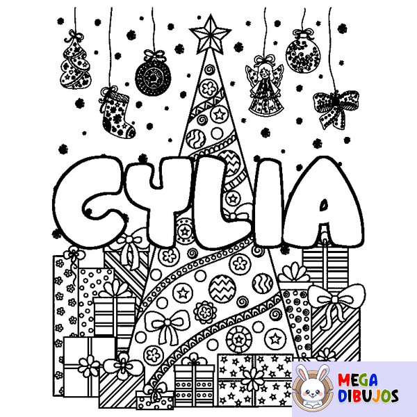 Coloraci&oacute;n del nombre CYLIA - decorado &aacute;rbol de Navidad y regalos