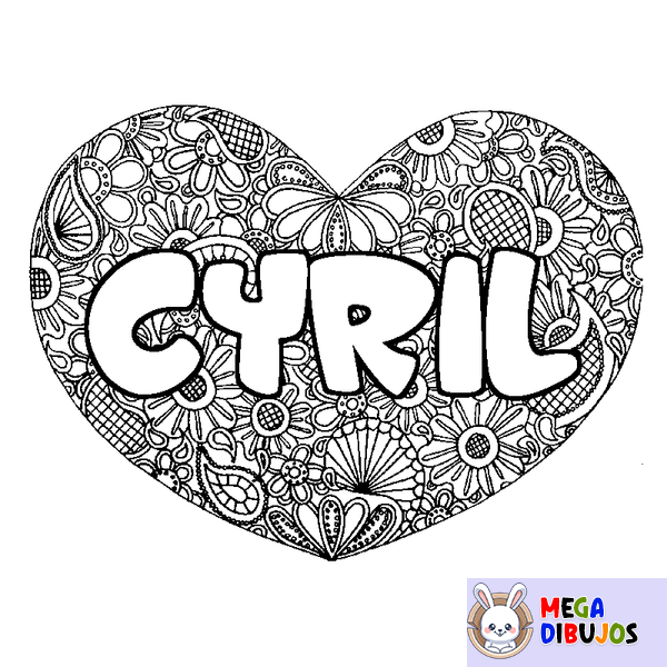 Coloraci&oacute;n del nombre CYRIL - decorado mandala de coraz&oacute;n