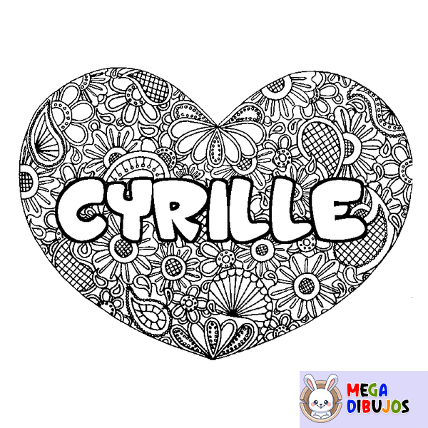 Coloraci&oacute;n del nombre CYRILLE - decorado mandala de coraz&oacute;n