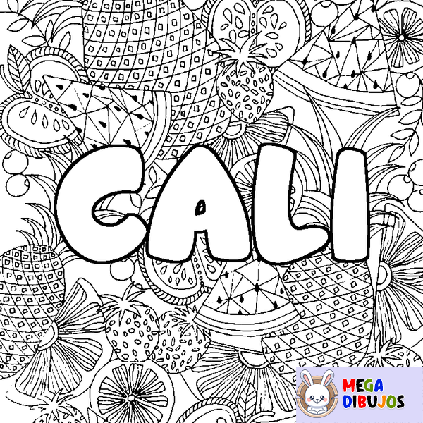 Coloraci&oacute;n del nombre CALI - decorado mandala de frutas