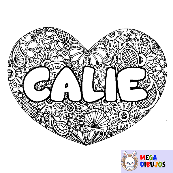 Coloraci&oacute;n del nombre CALIE - decorado mandala de coraz&oacute;n