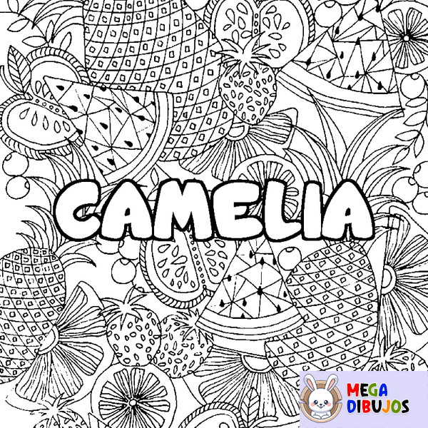 Coloraci&oacute;n del nombre CAMELIA - decorado mandala de frutas