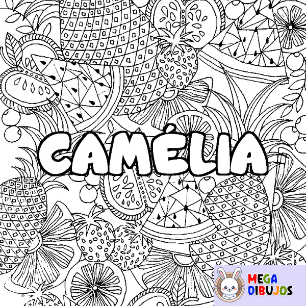 Coloraci&oacute;n del nombre CAM&Eacute;LIA - decorado mandala de frutas