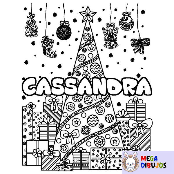 Coloraci&oacute;n del nombre CASSANDRA - decorado &aacute;rbol de Navidad y regalos
