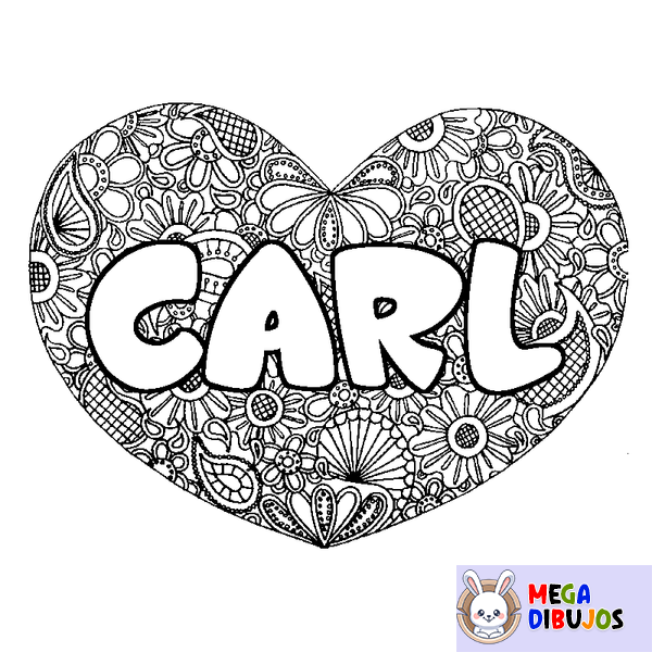 Coloraci&oacute;n del nombre CARL - decorado mandala de coraz&oacute;n