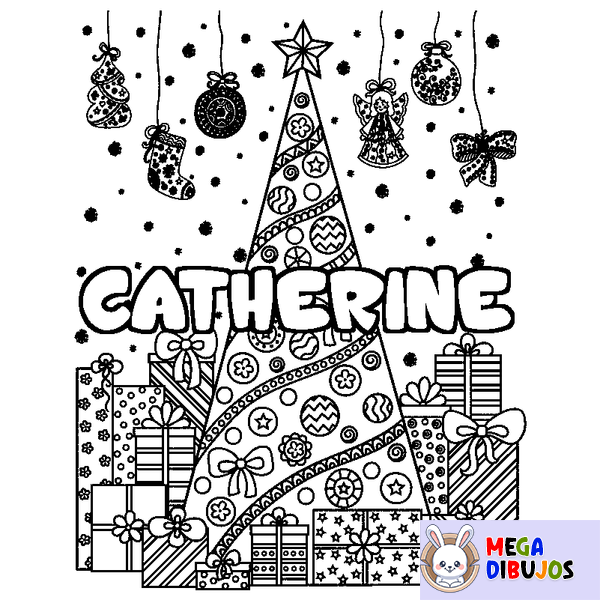 Coloraci&oacute;n del nombre CATHERINE - decorado &aacute;rbol de Navidad y regalos