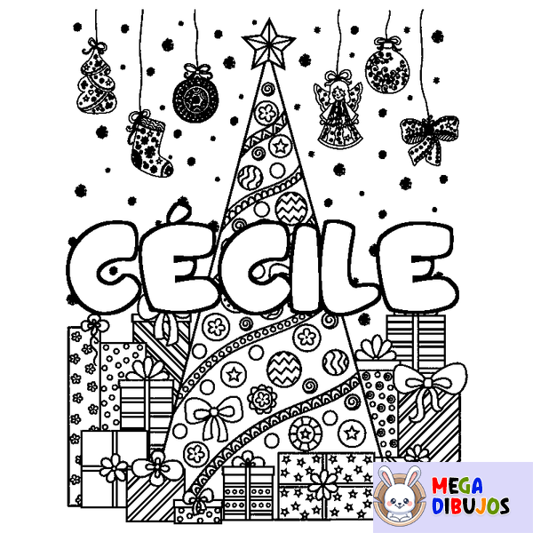 Coloraci&oacute;n del nombre C&Eacute;CILE - decorado &aacute;rbol de Navidad y regalos