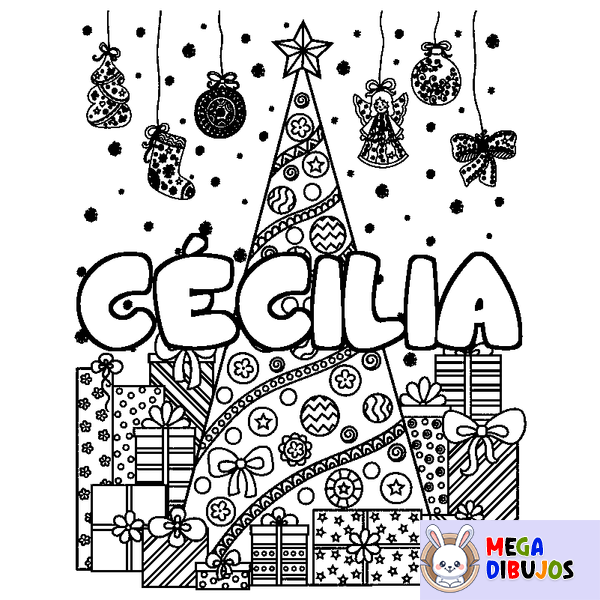 Coloraci&oacute;n del nombre C&Eacute;CILIA - decorado &aacute;rbol de Navidad y regalos