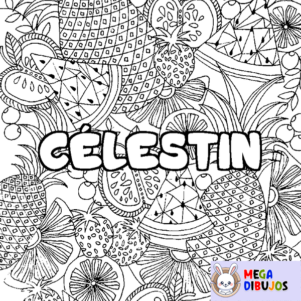 Coloraci&oacute;n del nombre C&Eacute;LESTIN - decorado mandala de frutas