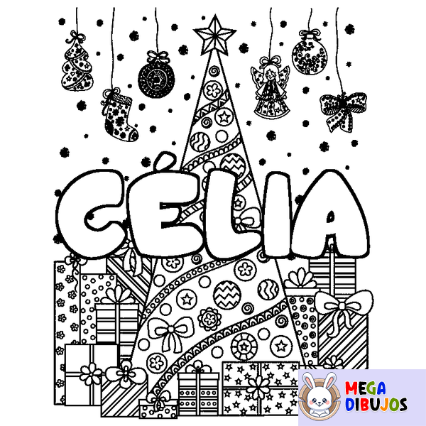 Coloraci&oacute;n del nombre C&Eacute;LIA - decorado &aacute;rbol de Navidad y regalos