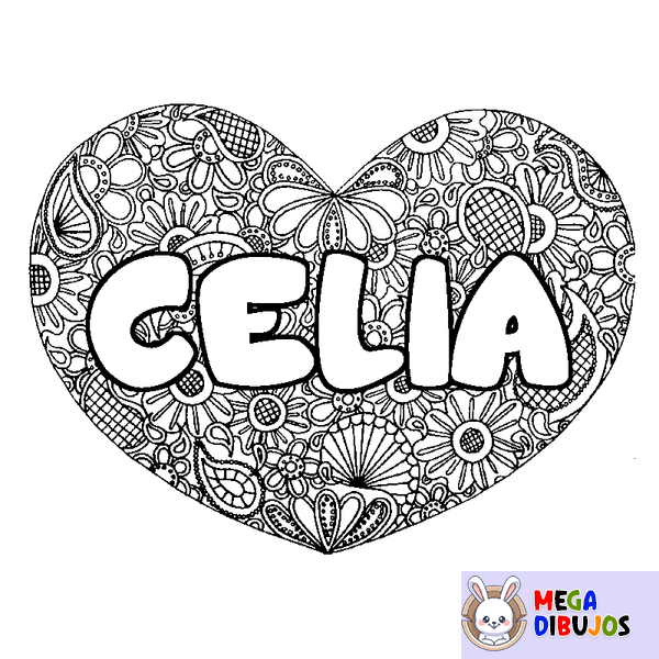 Coloraci&oacute;n del nombre CELIA - decorado mandala de coraz&oacute;n