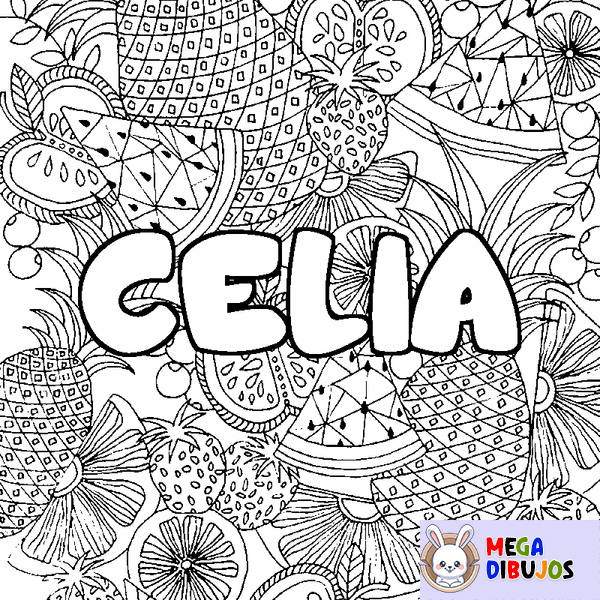 Coloraci&oacute;n del nombre CELIA - decorado mandala de frutas