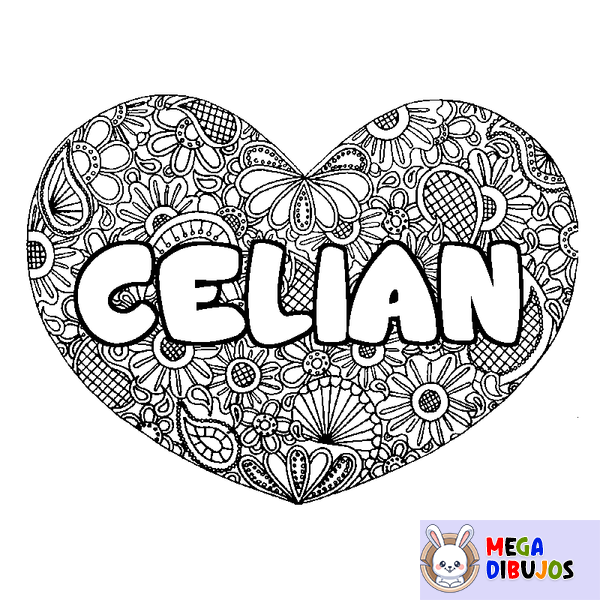 Coloraci&oacute;n del nombre CELIAN - decorado mandala de coraz&oacute;n