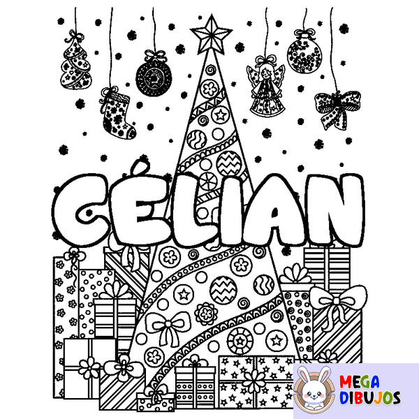 Coloraci&oacute;n del nombre C&Eacute;LIAN - decorado &aacute;rbol de Navidad y regalos