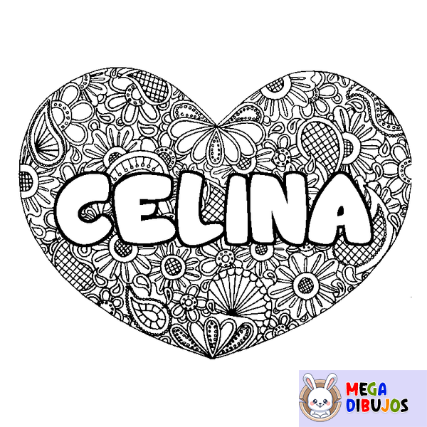 Coloraci&oacute;n del nombre CELINA - decorado mandala de coraz&oacute;n