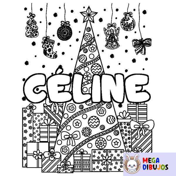 Coloraci&oacute;n del nombre C&Eacute;LINE - decorado &aacute;rbol de Navidad y regalos