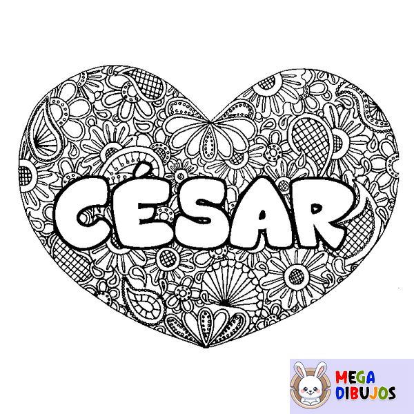 Coloraci&oacute;n del nombre C&Eacute;SAR - decorado mandala de coraz&oacute;n