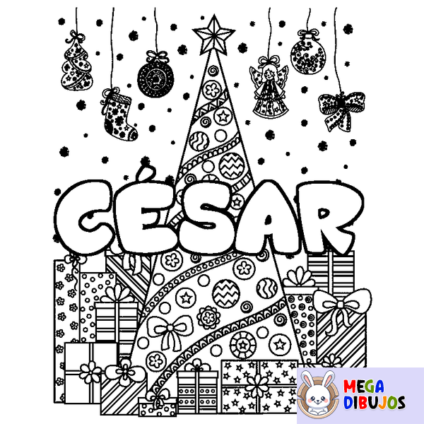 Coloraci&oacute;n del nombre C&Eacute;SAR - decorado &aacute;rbol de Navidad y regalos