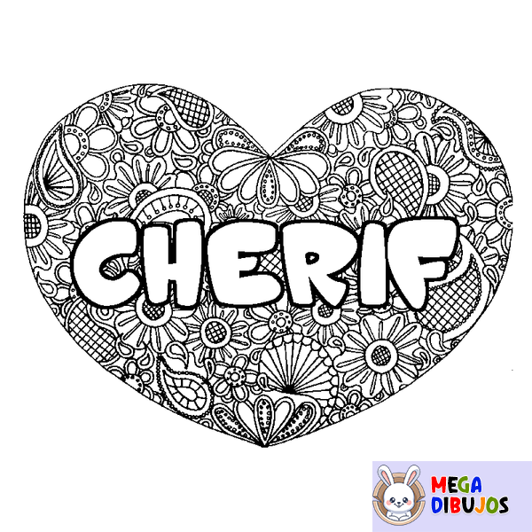 Coloraci&oacute;n del nombre CHERIF - decorado mandala de coraz&oacute;n