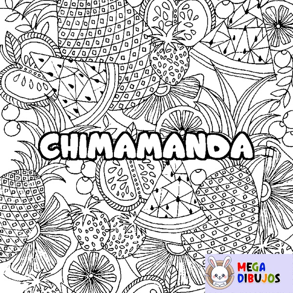 Coloraci&oacute;n del nombre CHIMAMANDA - decorado mandala de frutas