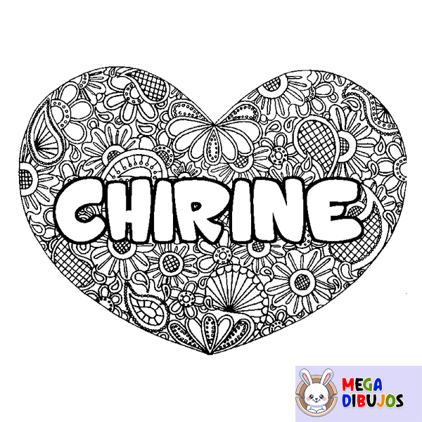 Coloraci&oacute;n del nombre CHIRINE - decorado mandala de coraz&oacute;n