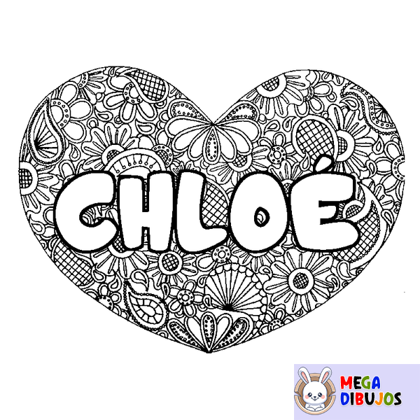 Coloraci&oacute;n del nombre CHLO&Eacute; - decorado mandala de coraz&oacute;n