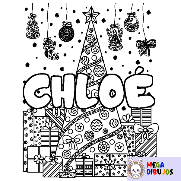 Coloraci&oacute;n del nombre CHLO&Eacute; - decorado &aacute;rbol de Navidad y regalos