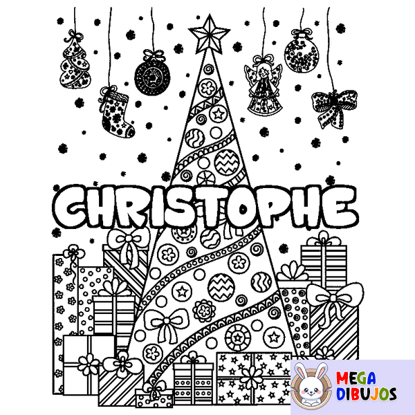 Coloraci&oacute;n del nombre CHRISTOPHE - decorado &aacute;rbol de Navidad y regalos