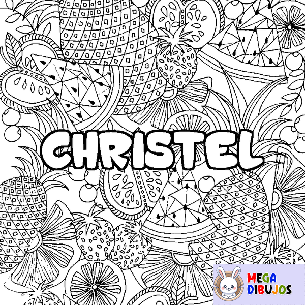 Coloraci&oacute;n del nombre CHRISTEL - decorado mandala de frutas