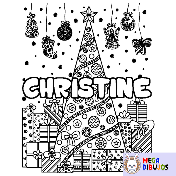 Coloraci&oacute;n del nombre CHRISTINE - decorado &aacute;rbol de Navidad y regalos