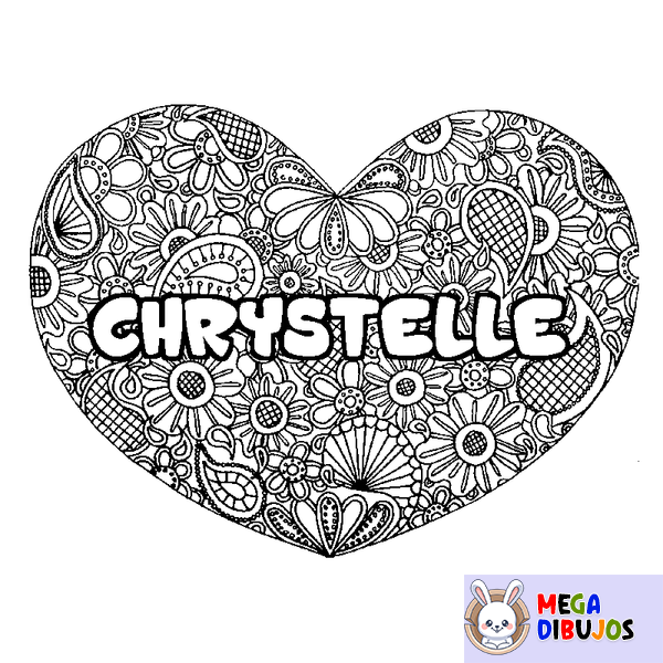 Coloraci&oacute;n del nombre CHRYSTELLE - decorado mandala de coraz&oacute;n