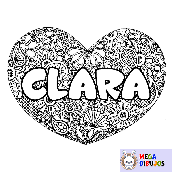 Coloraci&oacute;n del nombre CLARA - decorado mandala de coraz&oacute;n