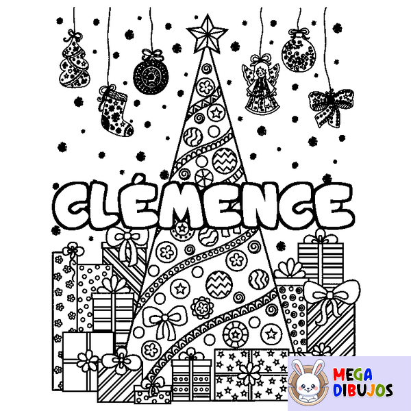 Coloraci&oacute;n del nombre CL&Eacute;MENCE - decorado &aacute;rbol de Navidad y regalos