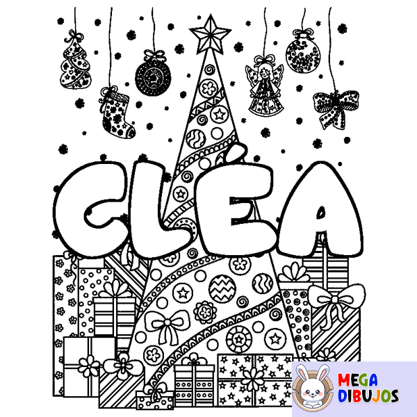 Coloraci&oacute;n del nombre CL&Eacute;A - decorado &aacute;rbol de Navidad y regalos