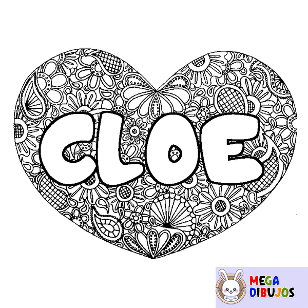 Coloraci&oacute;n del nombre CLOE - decorado mandala de coraz&oacute;n