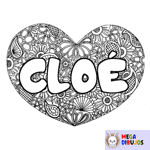 Coloraci&oacute;n del nombre CLO&Eacute; - decorado mandala de coraz&oacute;n