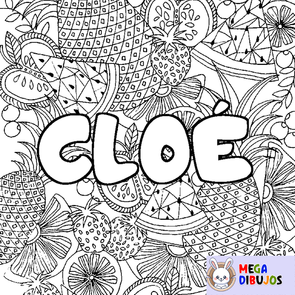 Coloraci&oacute;n del nombre CLO&Eacute; - decorado mandala de frutas