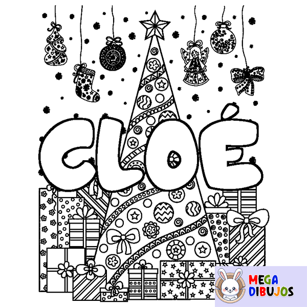 Coloraci&oacute;n del nombre CLO&Eacute; - decorado &aacute;rbol de Navidad y regalos