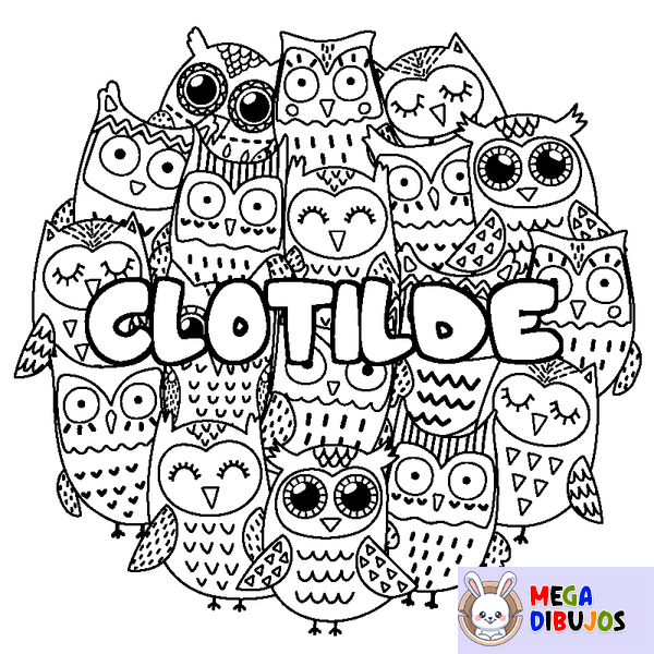 Coloraci&oacute;n del nombre CLOTILDE - decorado b&uacute;hos