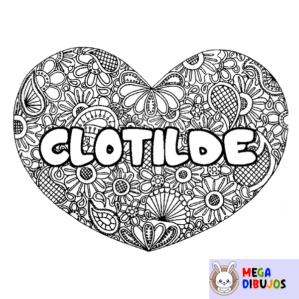Coloraci&oacute;n del nombre CLOTILDE - decorado mandala de coraz&oacute;n