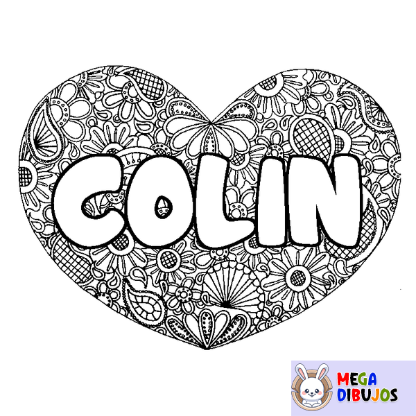 Coloraci&oacute;n del nombre COLIN - decorado mandala de coraz&oacute;n