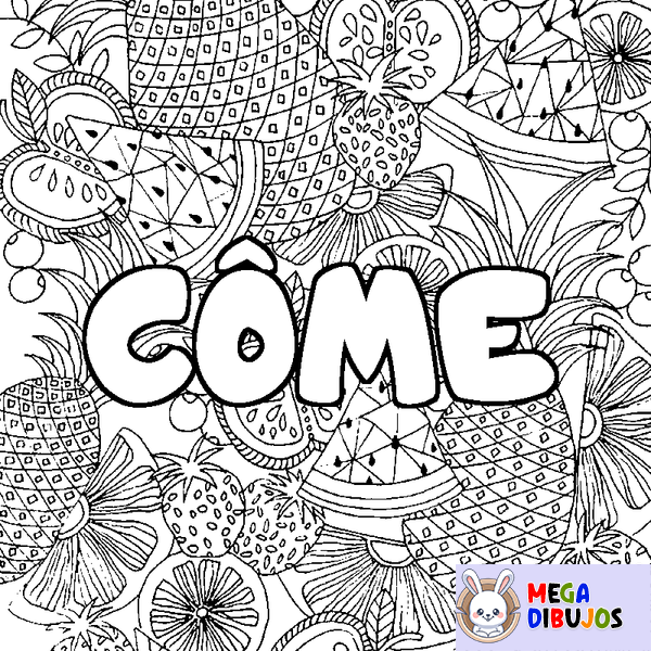 Coloraci&oacute;n del nombre C&Ocirc;ME - decorado mandala de frutas