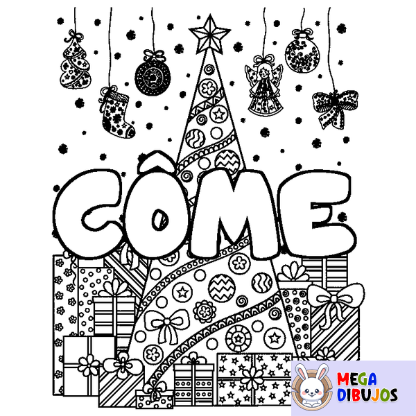 Coloraci&oacute;n del nombre C&Ocirc;ME - decorado &aacute;rbol de Navidad y regalos